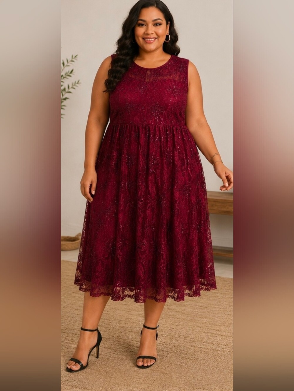 BloomChic Wine Lace Midi Dress with Sparkle